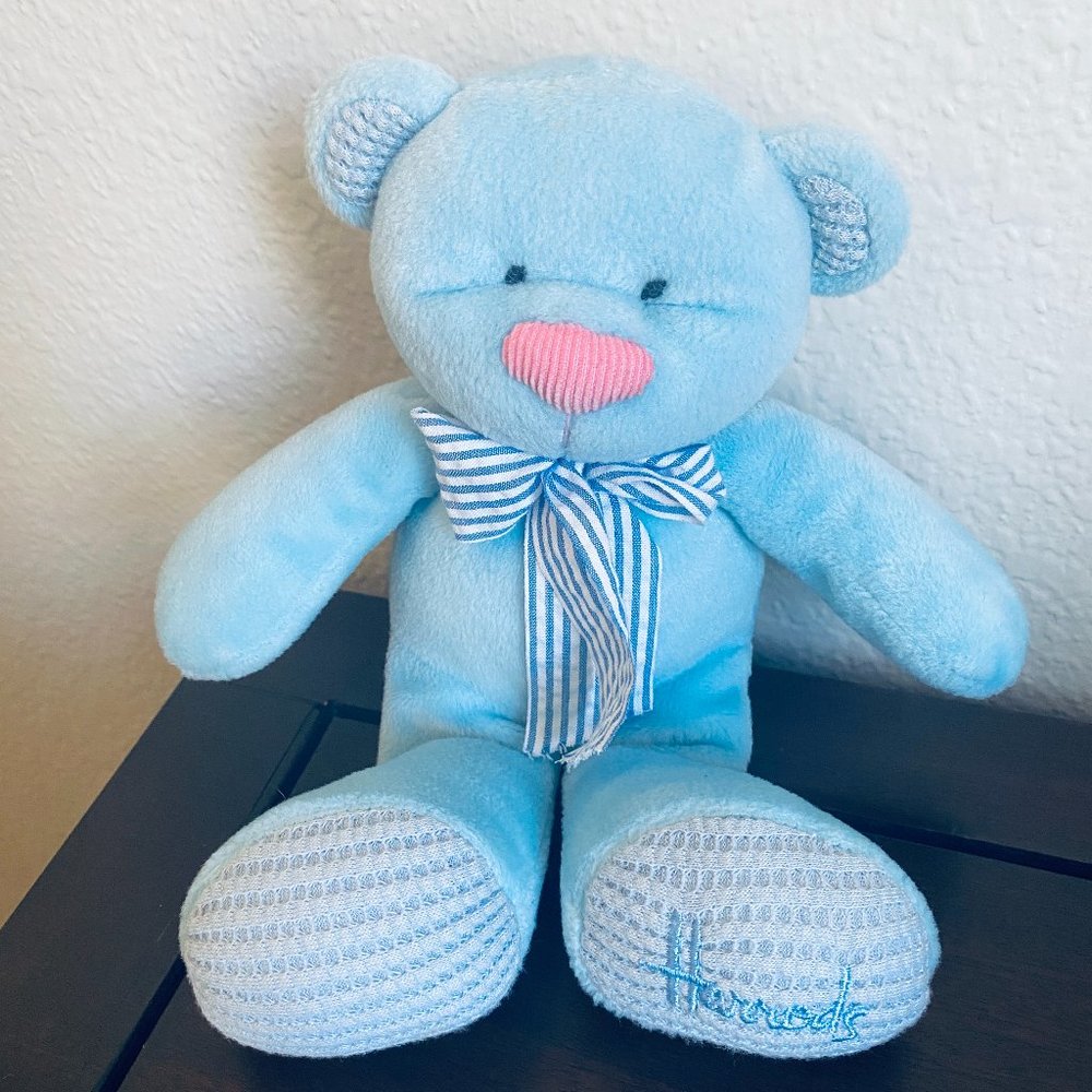 Vintage Harrods Blue Teddy Rattle Bear Waffle Weave feet Ears With Bow 10” Long